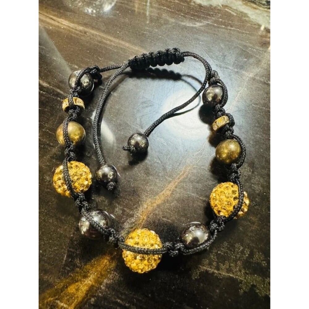 Vintage Yellow Crystal PavĂŠ & Hematite Shamballa-Style Macrame Bracelet Y2K
